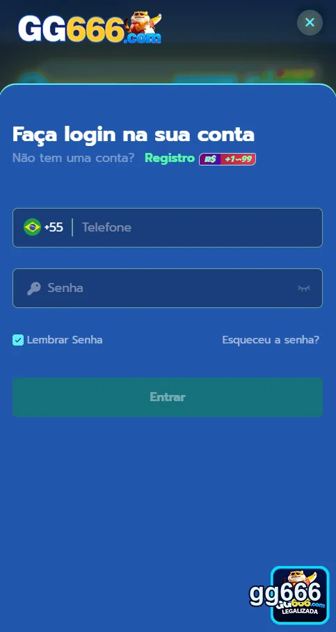 Tela de login do app móvel gg666 com acesso rápido.