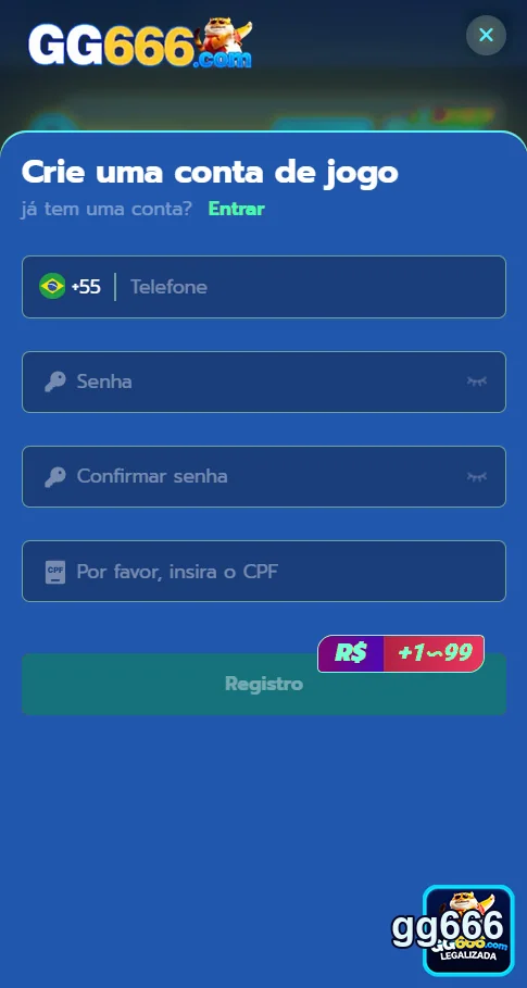 Tela de cadastro do site gg666, solicitando dados do jogador.